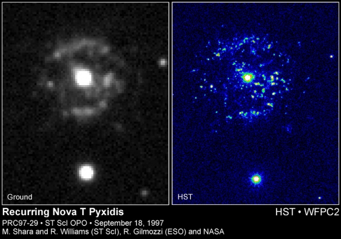 Hubble Space Telescope and ground-based images of recurring nova T Pyxidis, which shows the central white dwarf surrounded by a ring of glowing material from the nova explosion.